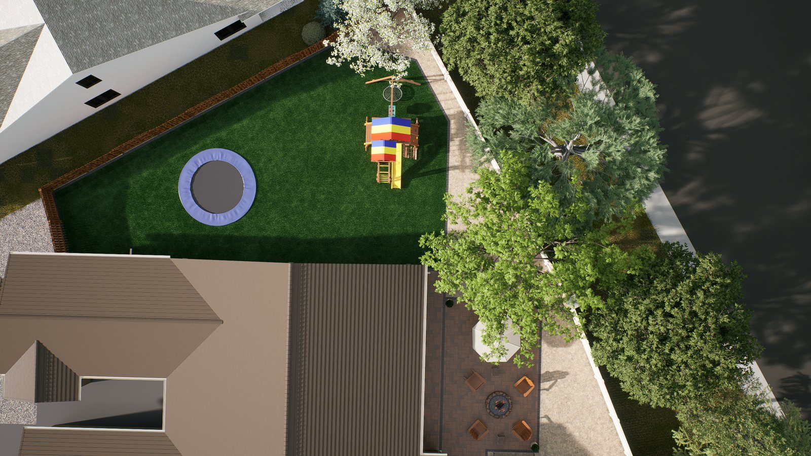 Finished backyard after landscaping, with lush lawn, play structure and patio lighting